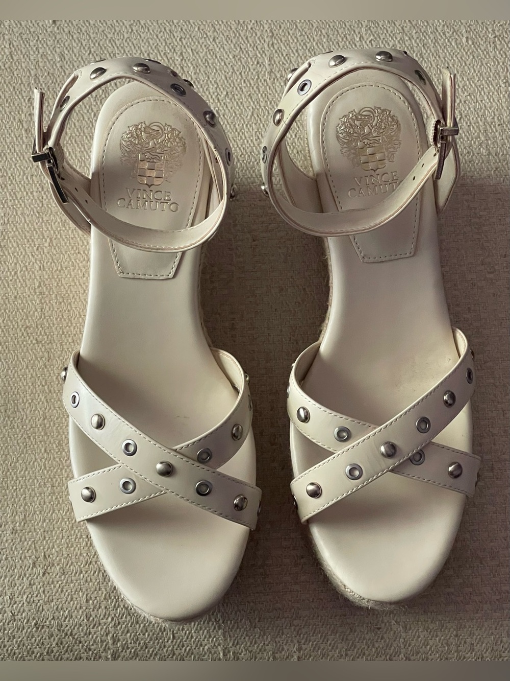 Vince Camuto Cream Studded Crisscross Ankle-Strap Sandals